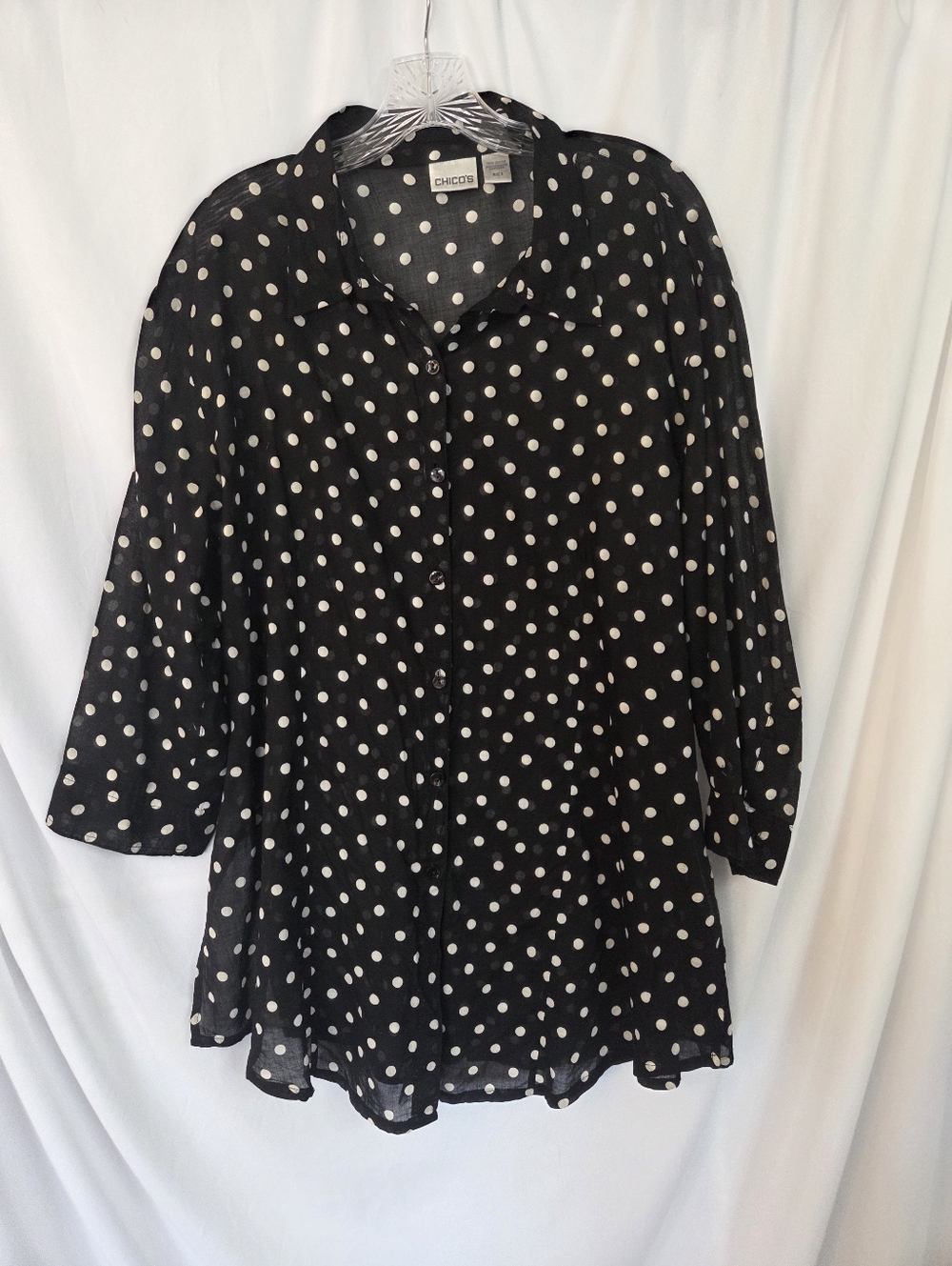 Chico's Black Blouse with White Polka Dots Long, Sheer Trendy Top Size 3-  XL